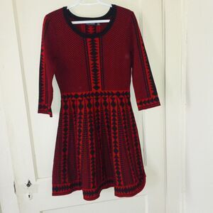 Nina Leonard Medium Geometric Fit N Flare Sweater Dress-3/4 Sleeve-Above Knee